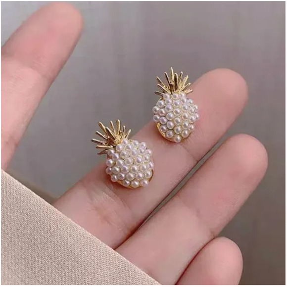 Pineapple Earrings Gold Stud Pearl Post Earrings Minimalist Jewelry - Picture 4 of 8